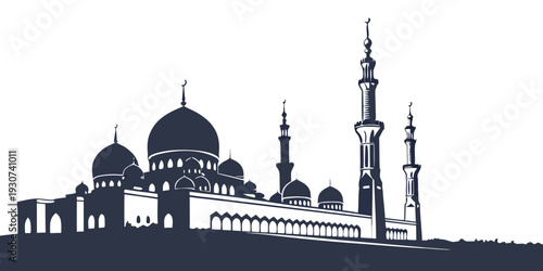 Silhouette of an iconic mosque with intricate architectural details and minarets