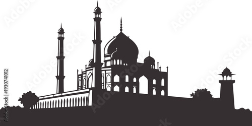 Silhouette of the taj mahal with minarets and a tower in the background