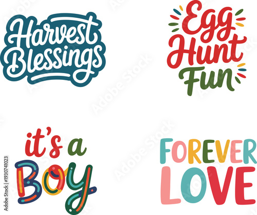Charming collection of colorful typography designs for harvest holidays and baby celebrations