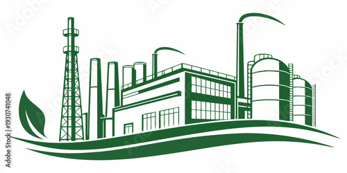 Modern industrial facility with green energy infrastructure and a leaf symbol