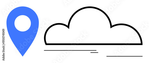 Blue location pin next to outlined cloud with subtle lines suggesting data flow. Ideal for technology, navigation, connectivity, storage, cloud computing, digital solutions, network. Simple flat