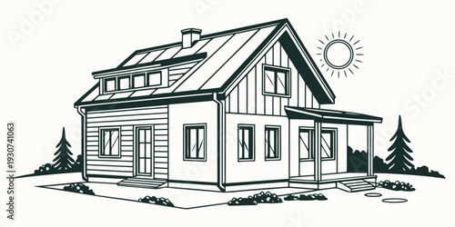 A charming two-story house with a pitched roof and a sunny day backdrop.