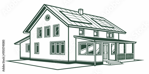 A charming two-story house with a sloped roof and solar panels on top