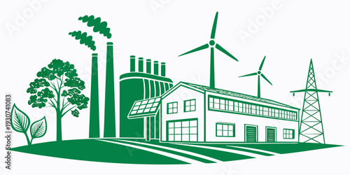 A green energy facility with wind turbines and solar panels in a sustainable environment