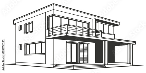 Modern house design with large windows and a balcony on the second floor