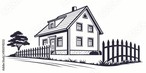 A charming single-story house with a picket fence and a tree in the front yard