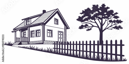 A charming house with a picket fence and a large tree in the yard