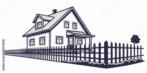 A charming two-story house with a picket fence and a tree in the front yard