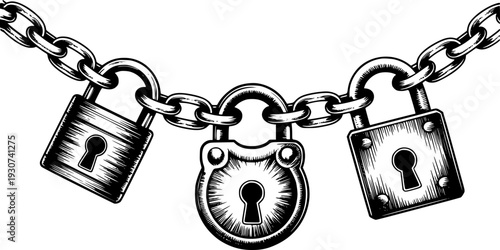 Vintage style padlocks connected by a heavy metal chain a white background security