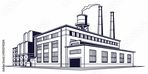 A large industrial building with multiple chimneys and a complex roof structure.