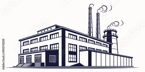 A large industrial factory with multiple chimneys and a prominent sign on the building.