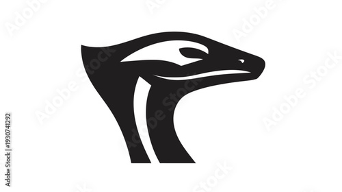 A stylized black illustration, likely a reptile-like creature with a curved neck, and a detailed head