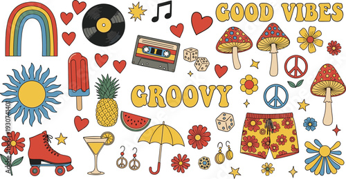 Groovy Hippie Retro Elements Vector Set with Rainbow Vinyl Mushroom Flowers Good Vibes Lettering and 70s Boho Summer Icons.
