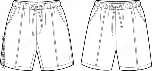 Technical fashion sketch of men casual drawstring shorts with elastic waistband and side pockets front and back view vector template for apparel design.