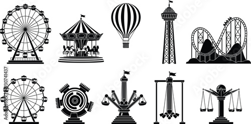 Amusement Park Ride Silhouette Icon Set Featuring Ferris Wheel, Roller Coaster, Carousel, Drop Tower, and Carnival Attractions in Black Vector Style