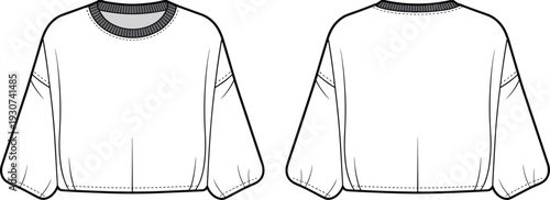 Technical fashion sketch of women cropped long sleeve sweatshirt with ribbed crew neck and elastic hem front and back view vector template for apparel.
