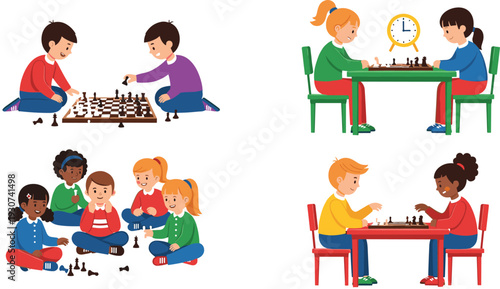 Children Playing Chess at Table and on Floor Vector Illustration Set Showing Kids Learning Strategy, Board Game Competition, and Educational Activities