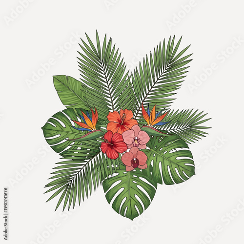 Exotic tropical bouquet of lush green palm leaves and vibrant colorful flowers like orchids and hibiscus with a white background