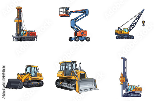 Heavy lifting and drilling equipment set with mobile crane boom lift and deep foundation boring machines for construction sites industrial engineering vehicles on white background vector collection