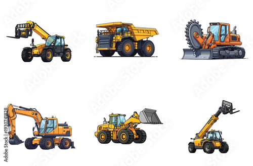 Industrial construction vehicle collection set featuring yellow heavy machinery icons isolated on white background including excavator dump truck loader and telehandler for site project development