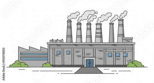 Industrial Factory Building with Smokestacks.