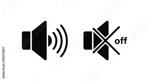 Two contrasting speaker icons depict sound on and off states utilizing a bold black silhouette high quality professional detailed modern elegant