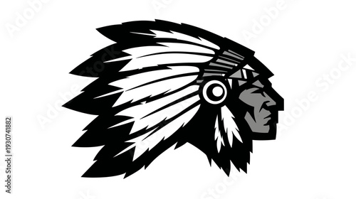 A side profile of a Native American headdress and face, rendered in black, white, and gray