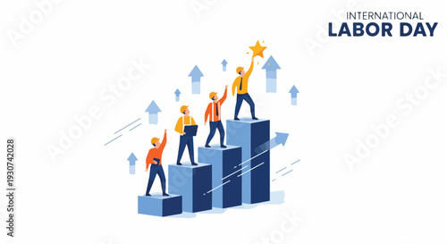 Flat illustration of businesspeople climbing up a bar graph with arrows pointing upwards, one reaching a star on International Labor Day.
