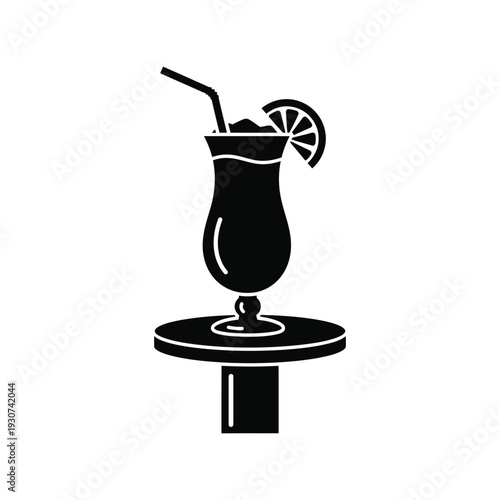Cocktail drink silhouette vector on table with straw and lemon slice for summer bar menu