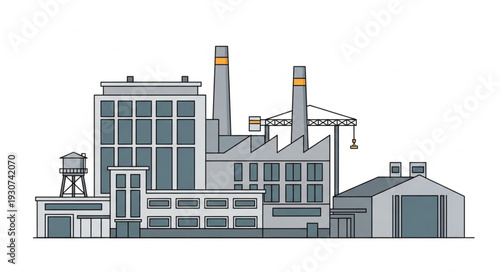 Industrial Factory Building with Smokestacks.