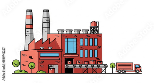 Industrial Factory Building with Trucks.