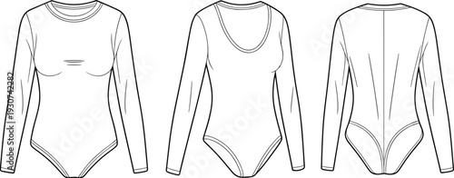 Technical fashion sketch of women long sleeve bodysuit with crew neck and deep scoop back view vector template for apparel design and mockup.