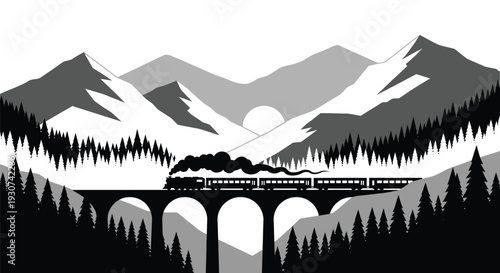 Monochrome vector illustration of train on bridge with mountains
