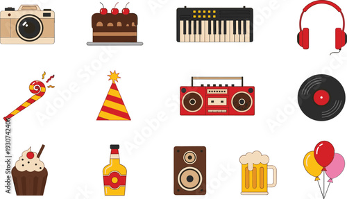 Party and Music Celebration Icon Set with Cake Camera Headphones Beer Balloons Boombox and Retro Entertainment Objects Vector Illustration.