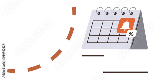 Time management, event planning, reminders, productivity, organization, scheduling. Spiral-bound desk calendar with bell notification and percentage symbols. Event planning and time management