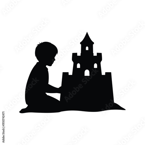 Child building sandcastle vector silhouette, summer beach play, kids activity illustration