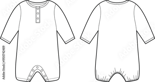 Technical fashion sketch of infant long sleeve romper with henley button neckline and snap closure at crotch front and back view vector template.