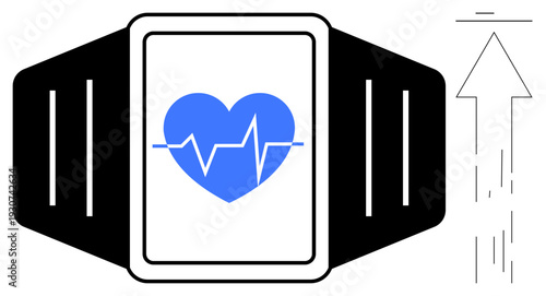 Health tracking, fitness monitoring, wearable tech, digital health, heart rate analysis, modern healthcare. Smartwatch with blue heart and pulse line. Health tracking and fitness monitoring