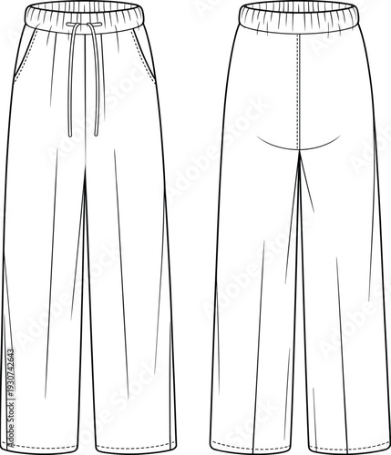 Technical fashion sketch of women wide leg trousers with elastic waistband and drawstring detail, front and back view vector template for apparel design.