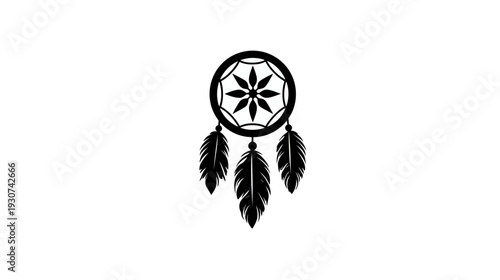 A simple, black dreamcatcher with feathers, placed against a pure white background