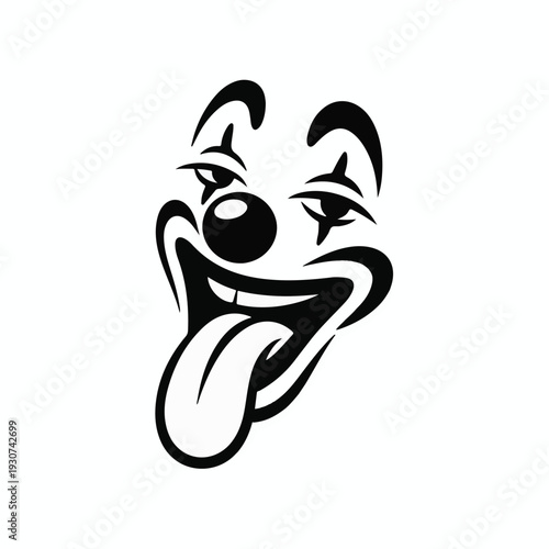 Black and White Stylized Clown Face with Tongue Sticking Out illustration