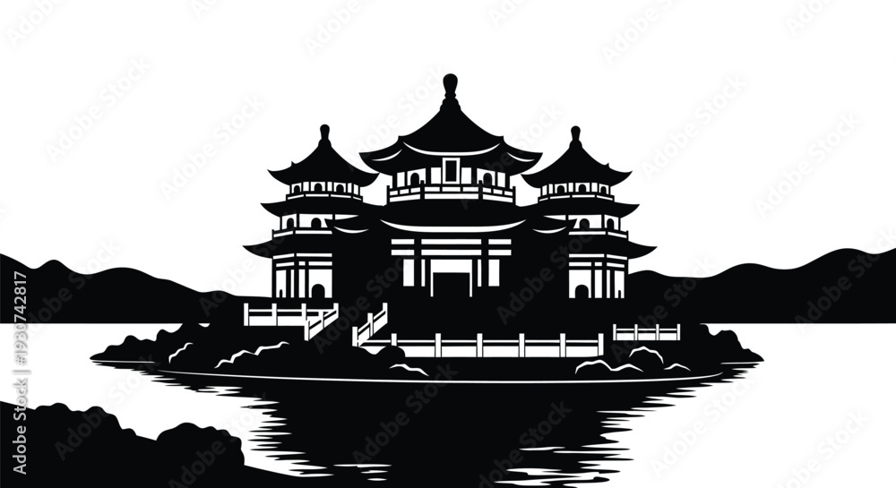 Obraz premium Asian temple, pagoda, black silhouette, water landscape, architecture icon