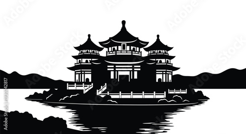 Black silhouette of a Chinese pagoda on an island