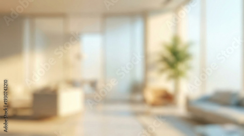 Peaceful blur background of modern home interior. bright light from large window illuminates empty living room, creating serene and calm atmosphere