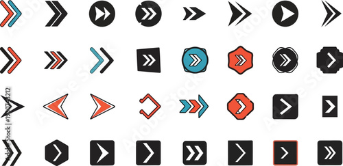 A collection of various arrow icons in different shapes, colors, and styles