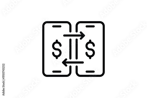 Mobile money transfer icon with two smartphones showing dollar signs and bidirectional arrows representing digital transactions