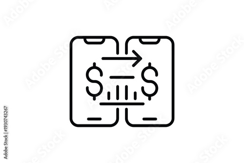 Digital wallet and mobile banking icon featuring two phones with dollar symbols and data bars indicating financial statistics