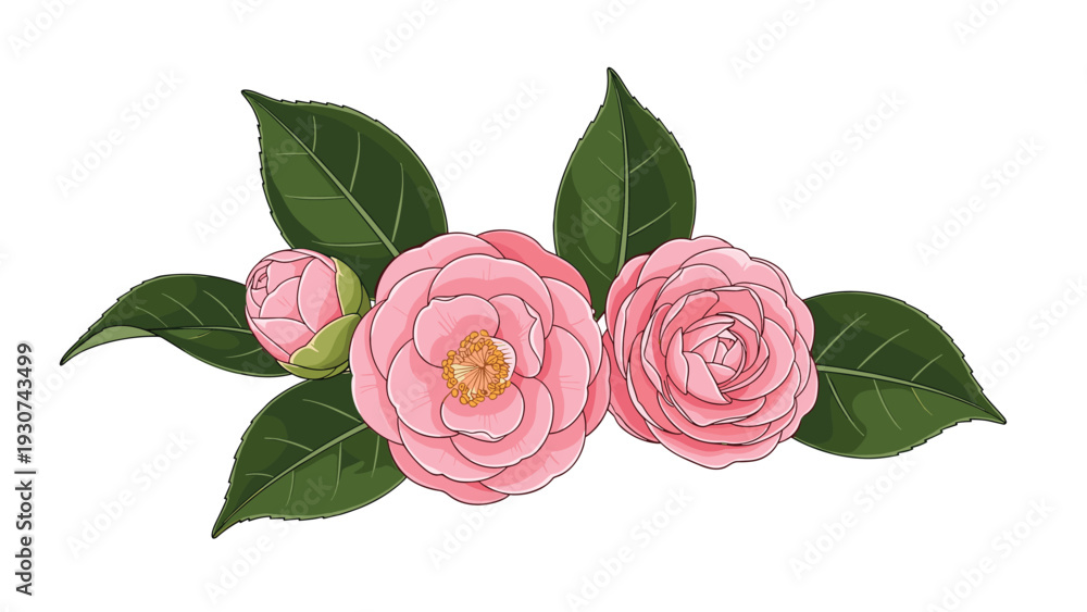 Naklejka premium Beautiful pink camellia flowers and green leaves are illustrated on a clean white background in a detailed artistic style.