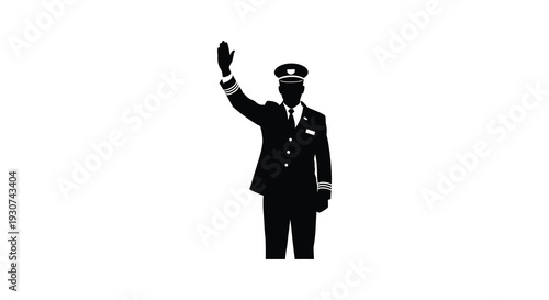 A black silhouette depicts a pilot in uniform waving confidently with a raised hand creating a striking silhouette high quality professional