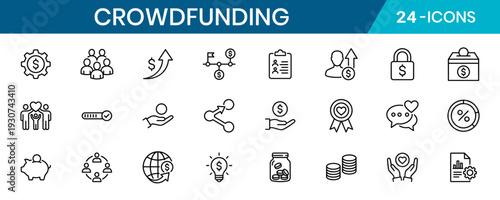 Crowdfunding Thin Line Icon Set Minimal Outline Monoline Style Clean Vector Modern Professional Look